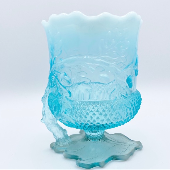 Vintage Mosser Blue Opalescent Glass Acorn Leaf Spooner Spoonholder Collectible